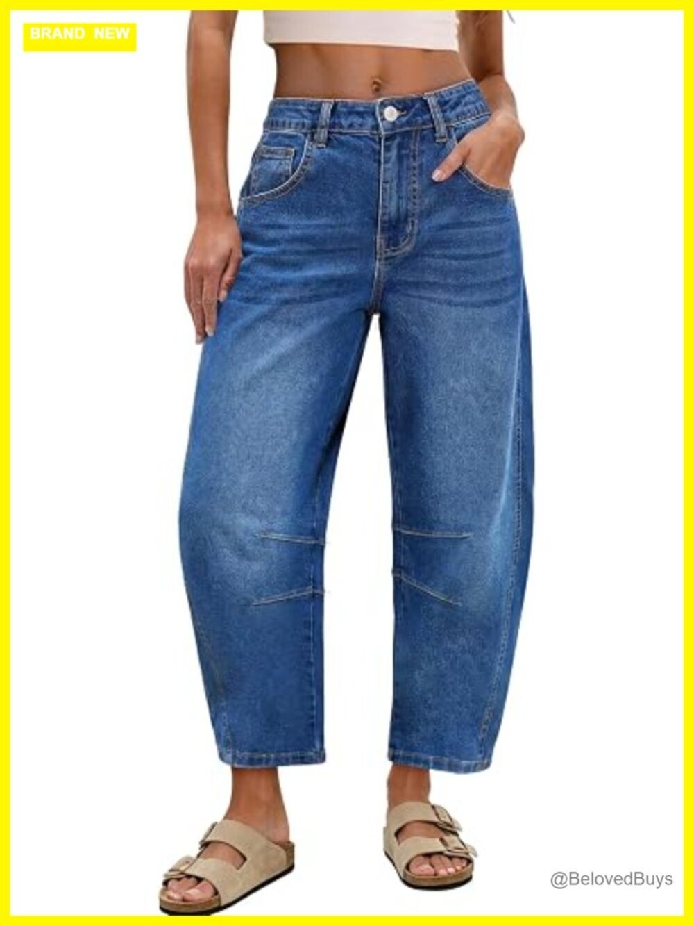 Barrel Vintage Wide Leg Cropped High Waisted Stretchy Denim Pants with Pockets